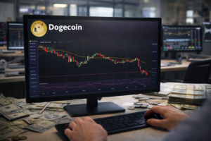 A trader’s hands operate a keyboard while monitoring a Dogecoin candlestick chart on a desktop monitor in a financial office setting.
